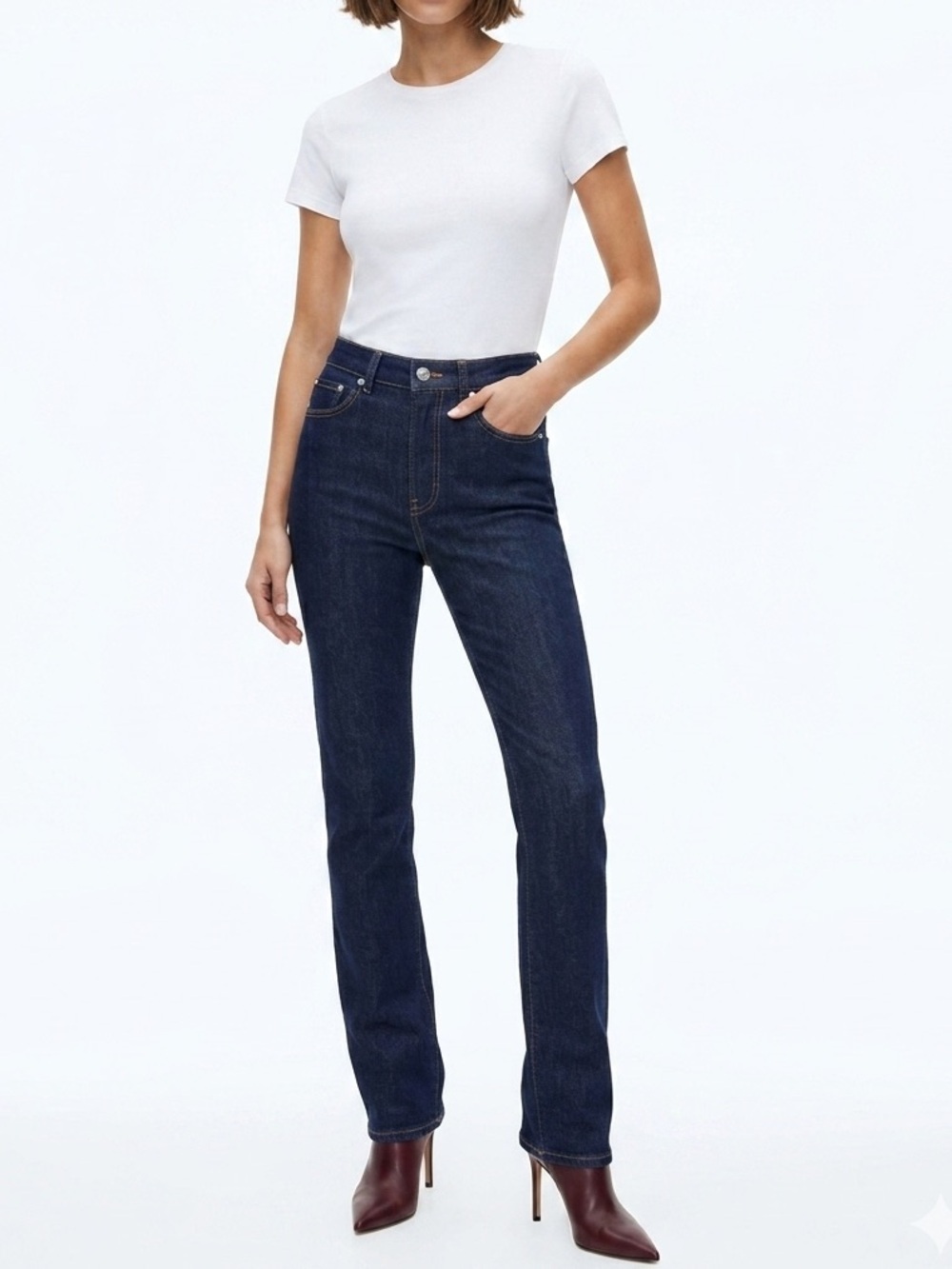 New Ser.O.Ya Dark Indigo Full Length Bootcut Jeans Rigid Sample Sz 27